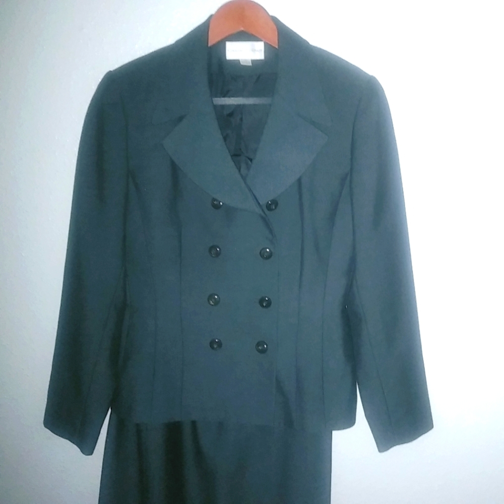 Casual Corner 4 Skirt Suit Lined Double Breasted Midi Gray Train to Work Set
